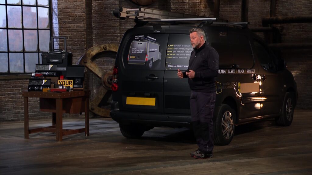 Michael Horsfall showcasing his Van Guardian product in the Den.