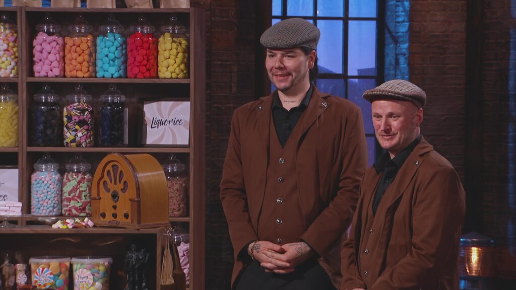 John and Sean, founders of Mr Swainstons Traditional Sweet Emporium pitching their business to the Dragons.