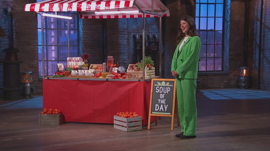 Bella Acland, founder of 'Soul Kitchen' pitches her business to the Dragons.
